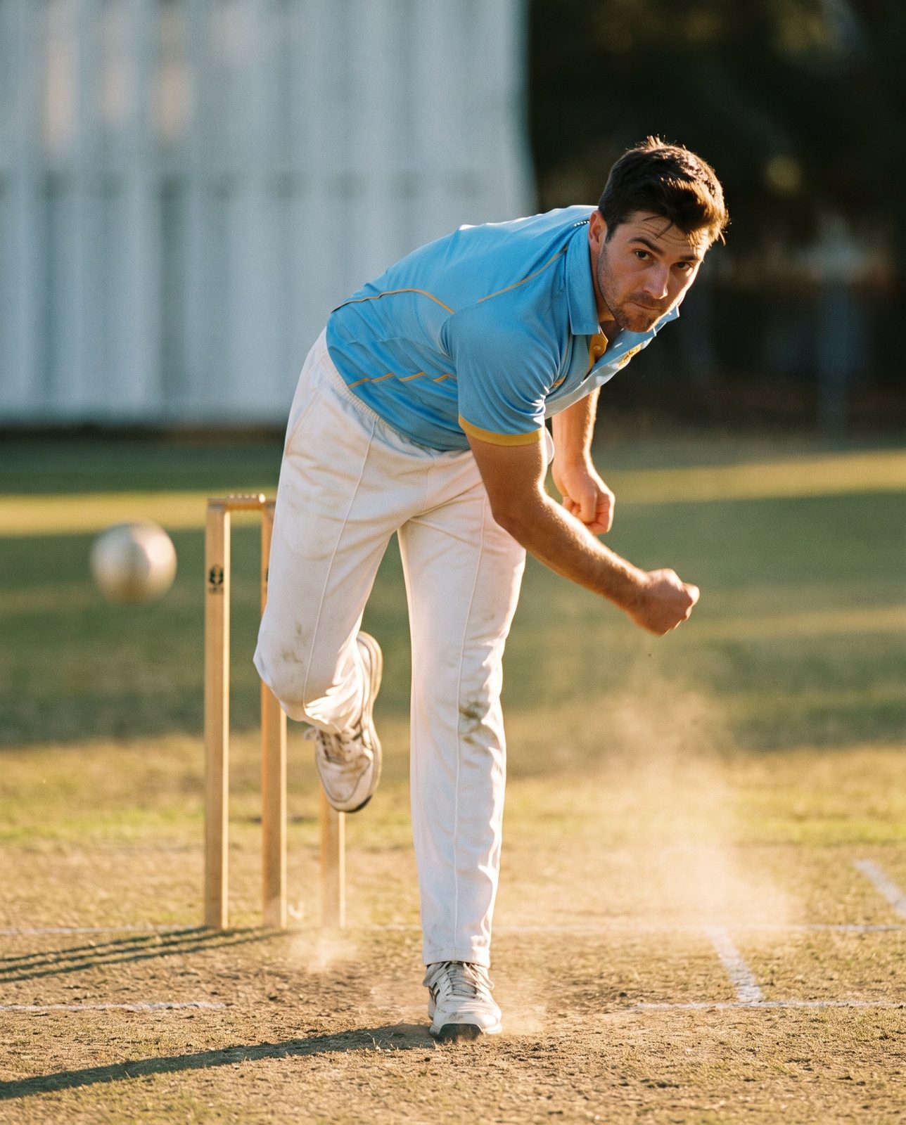 A Ham-Wicks fast bowler at the moment of release