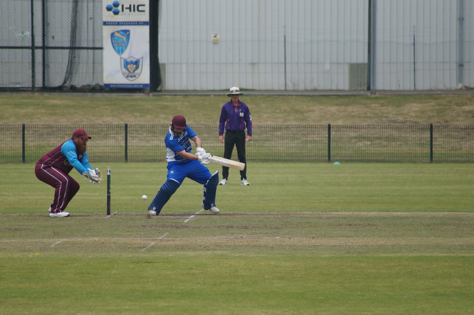 A Ham-Wicks batter drives through the off side in the blue one-day kit