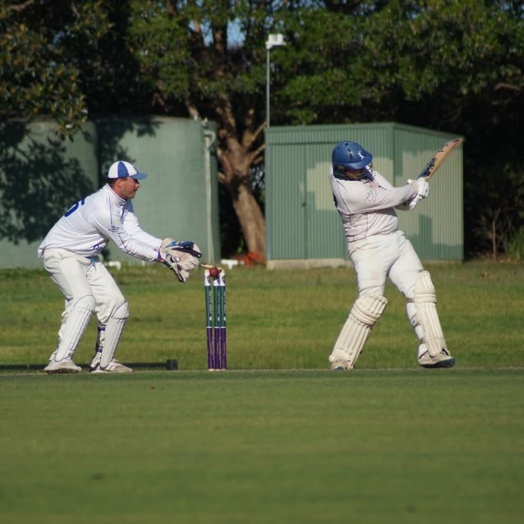 A Ham-Wicks batter cuts square with the keeper up to the stumps